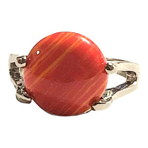 Stainless Steel Round Orange Yellow Glass Cabochon Solitaire Ring Size 6.25